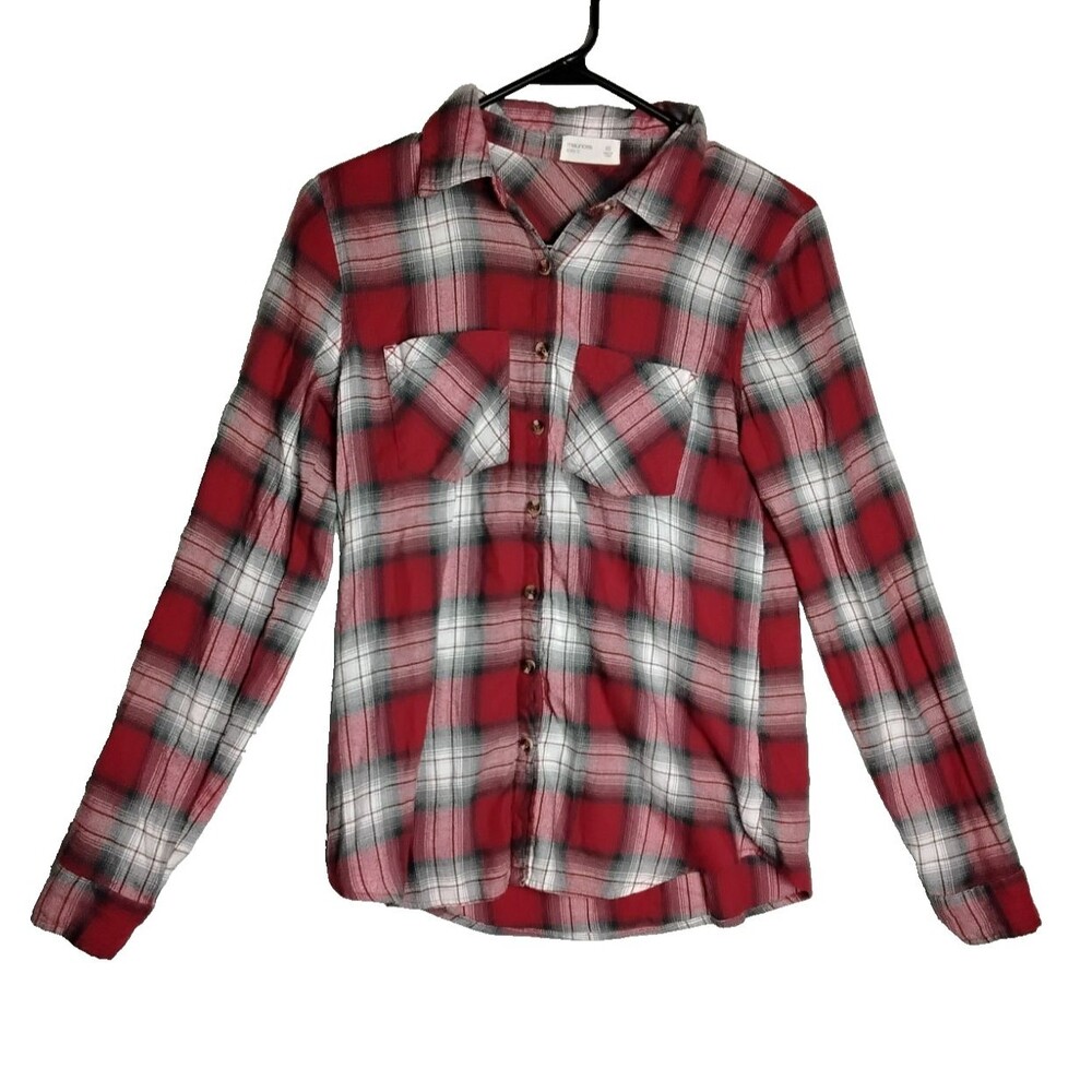 Maurices Womans XS Burgudy Gray White Plaid Flannel Button Down Shirt Oversized